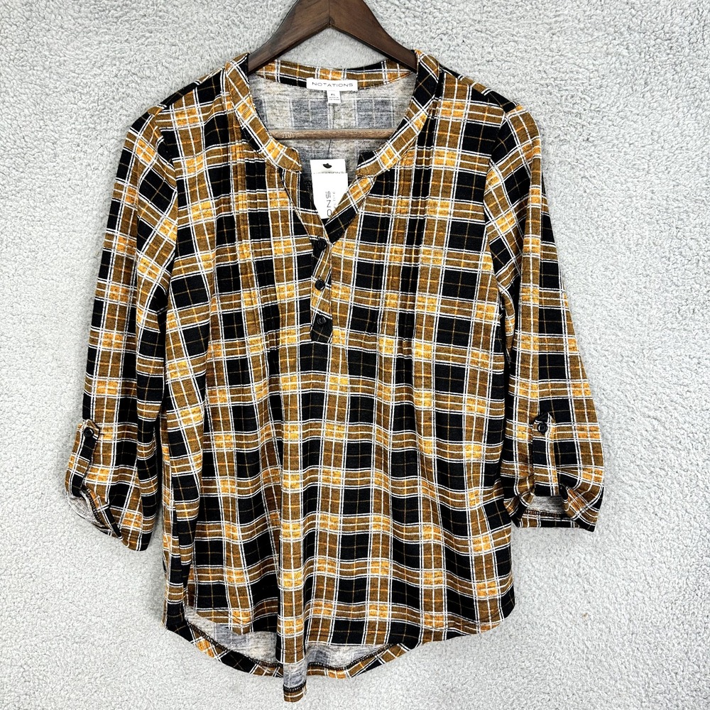 Notations Petite PL Plaid Henley Top Preppy Fall Cottagecore Grunge Academia NWT